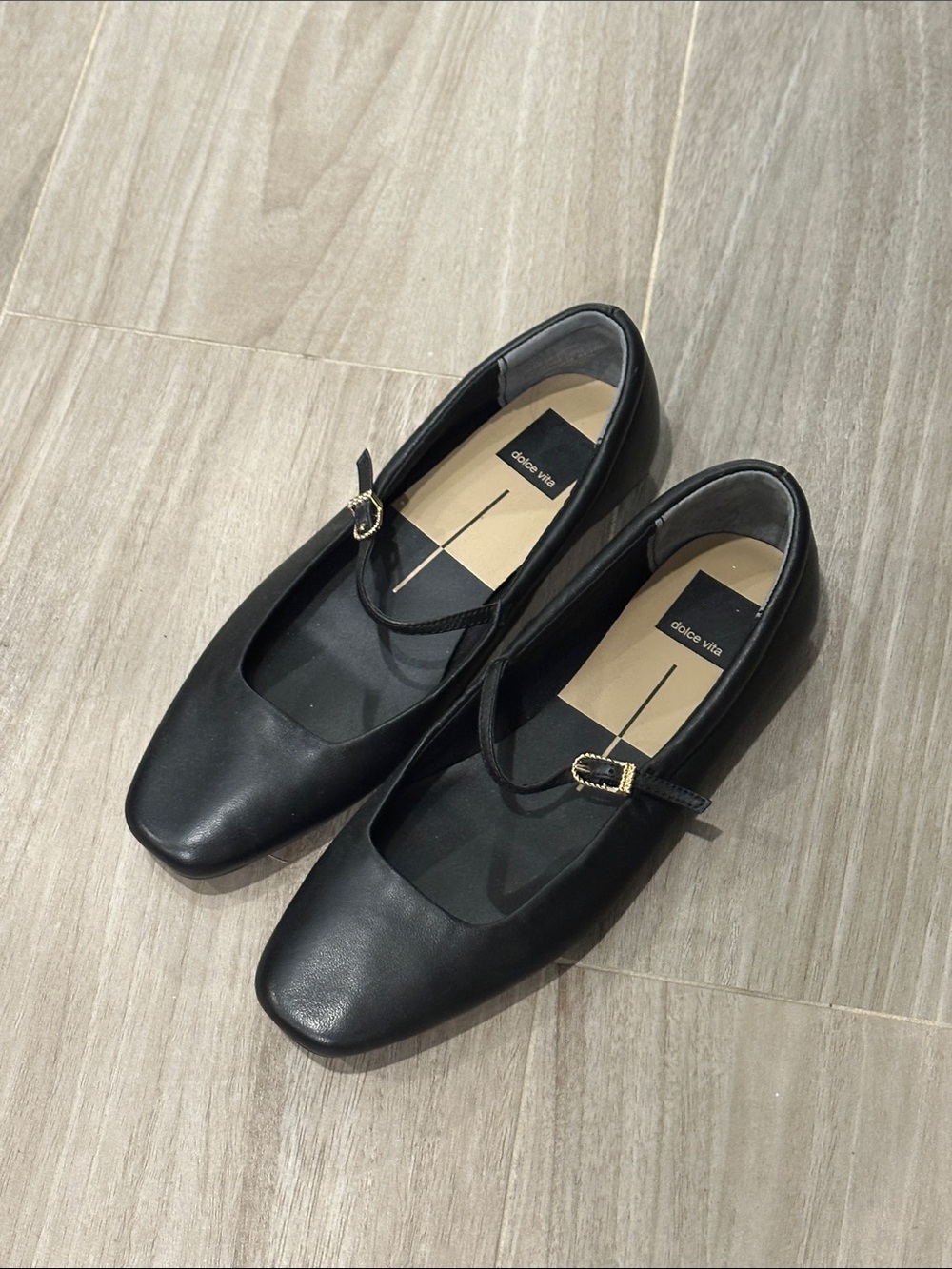 Dolce Vita Black Square-Toe Mary Jane Flats with Gold Buckle